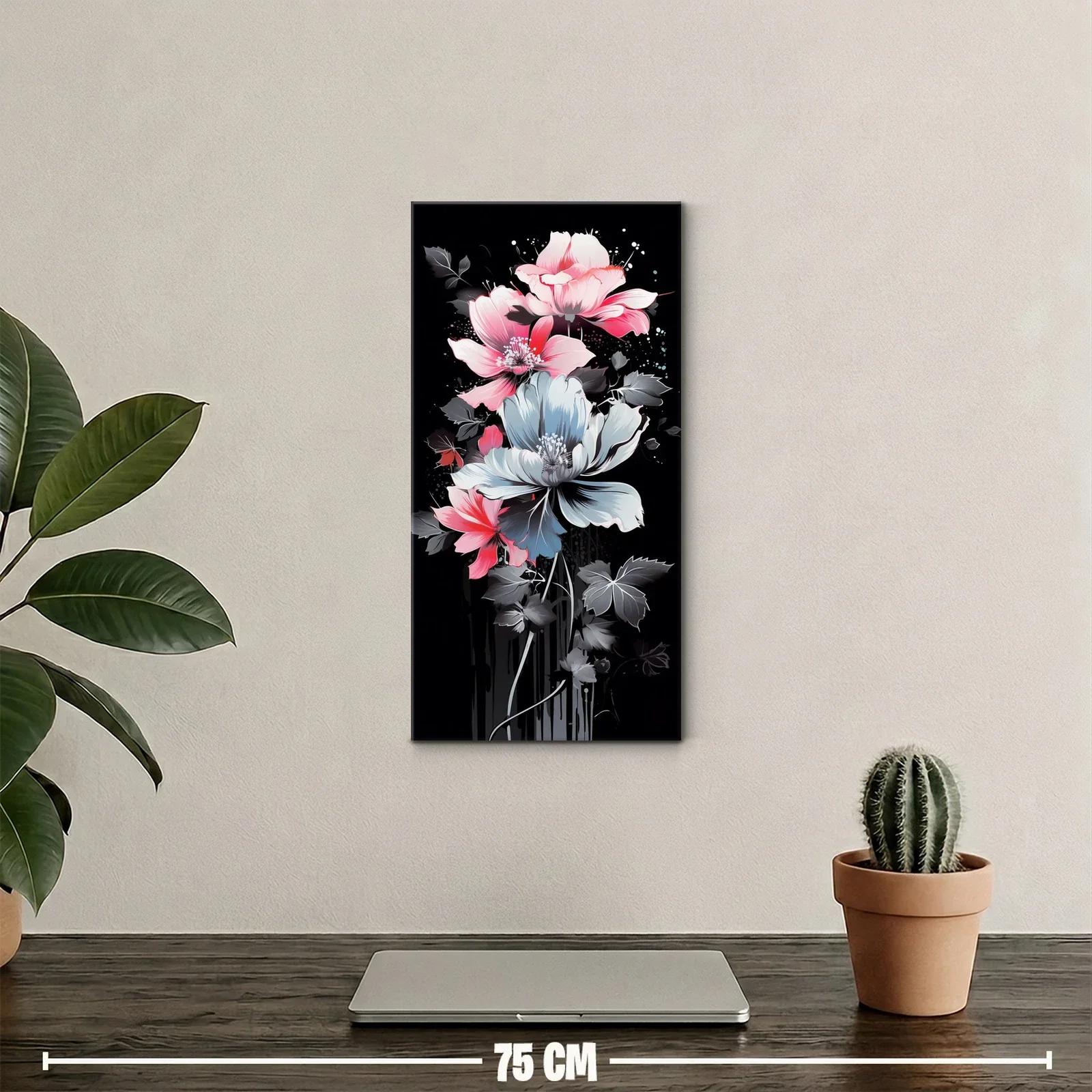 Cuadro flores tipo magnolia en rosa y azul grisáceo con fondo negro — miniatura 2