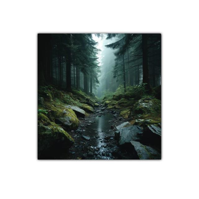 Paisaje de bosque misterioso con arroyo sereno al amanecer