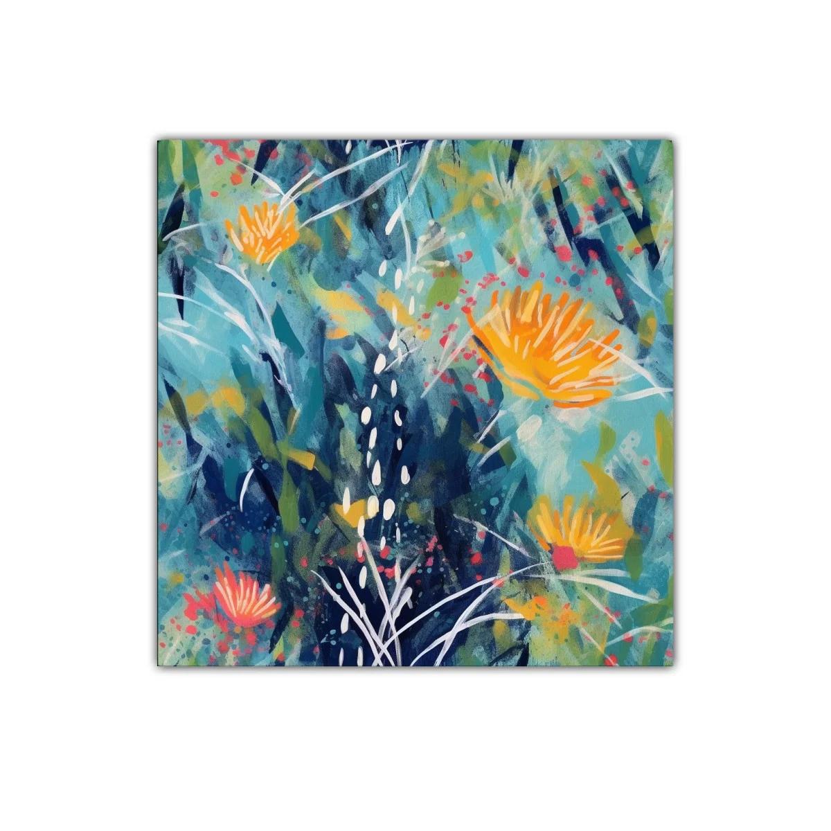 Cuadro abstracto floral en tonos azules y naranjas vivos
