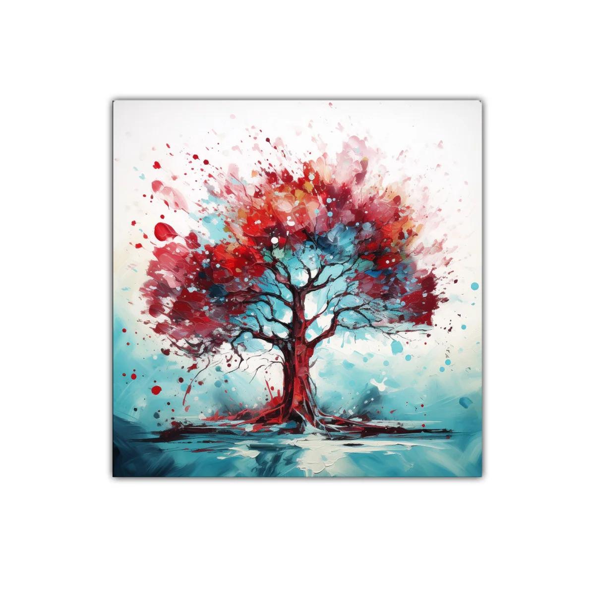 Árbol vibrante con destellos rojos y azules intensos