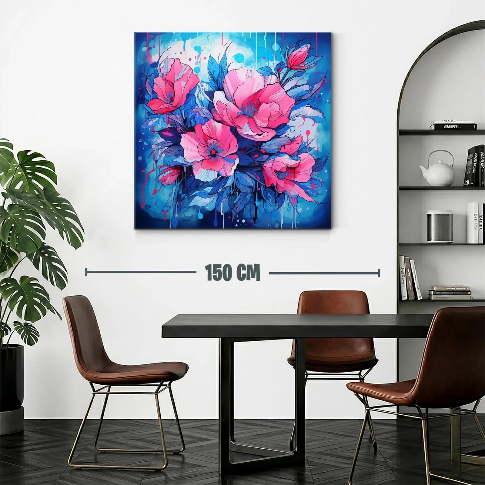 Cuadro vibrante con flores rosas y azul eléctrico — miniatura 2