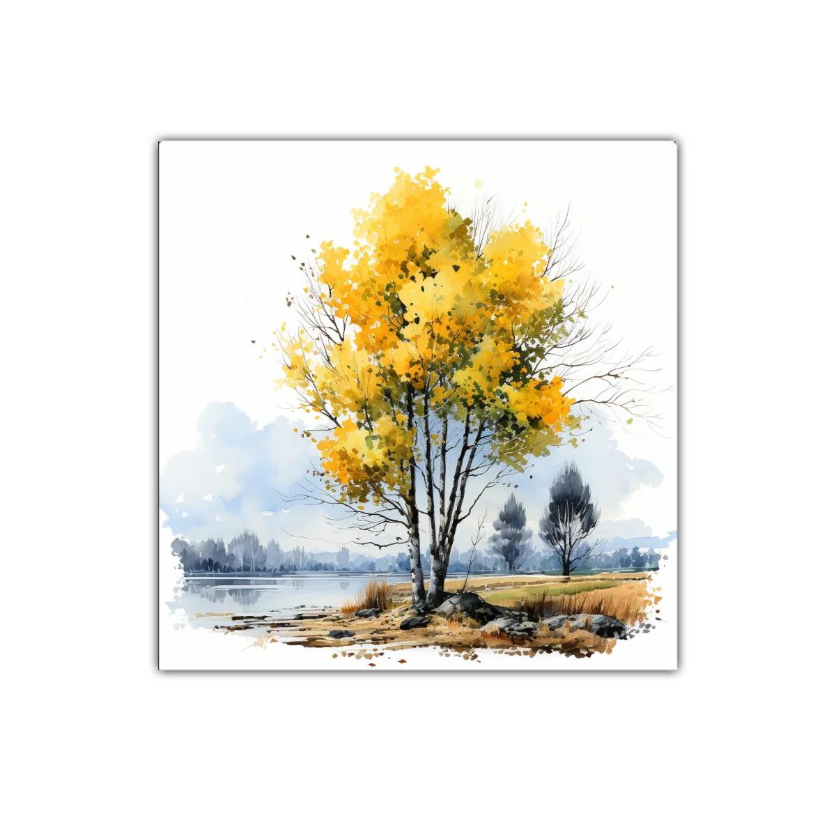 Árbol con hojas amarillas junto a un lago sereno