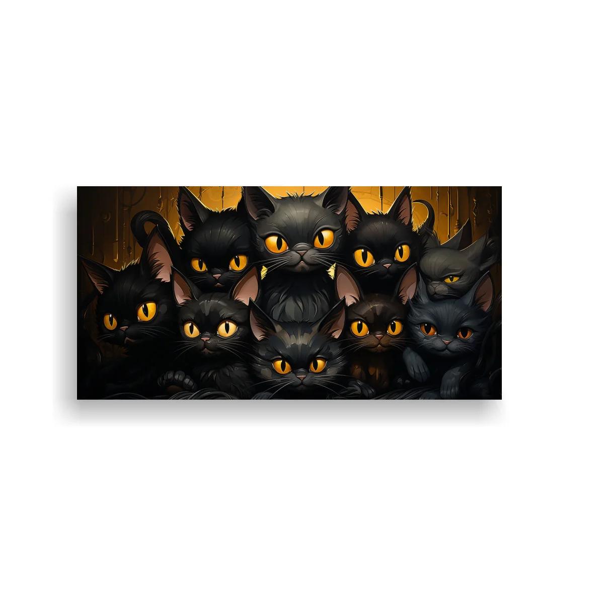 Cuadro grupo de gatos negros con ojos amarillos y fondo anaranjado