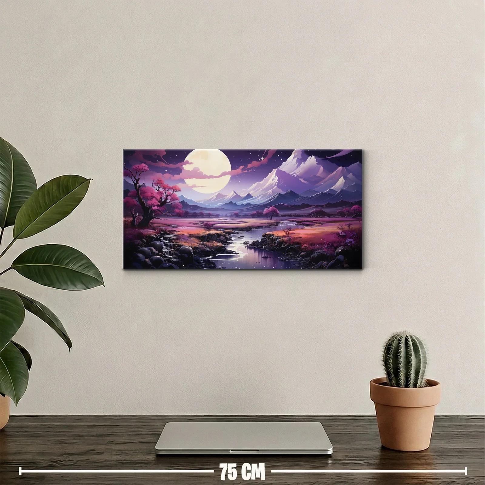 Cuadro paisaje de montaña con luna llena y río serpenteante — miniatura 2