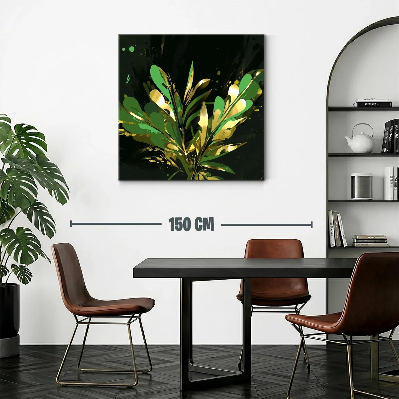 Cuadro abstracto con motivos vegetales dorados y verdes — miniatura 2