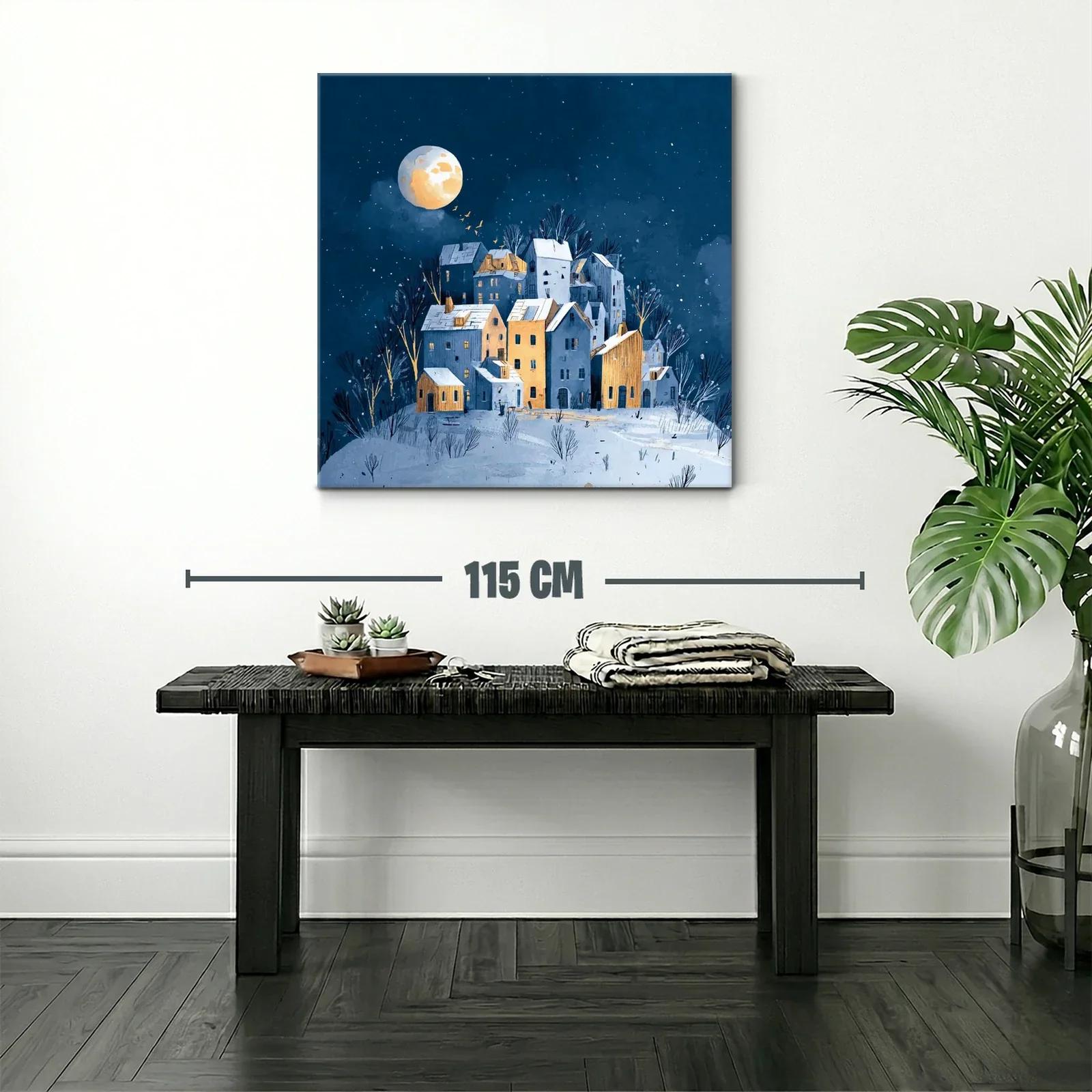 Paisaje nocturno con casas iluminadas y luna llena — miniatura 2