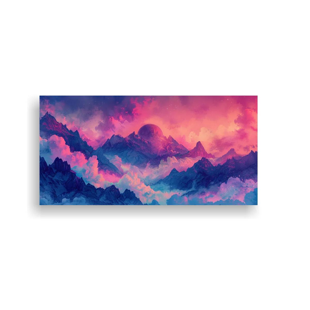 Cuadro cordillera de montañas con disco celeste