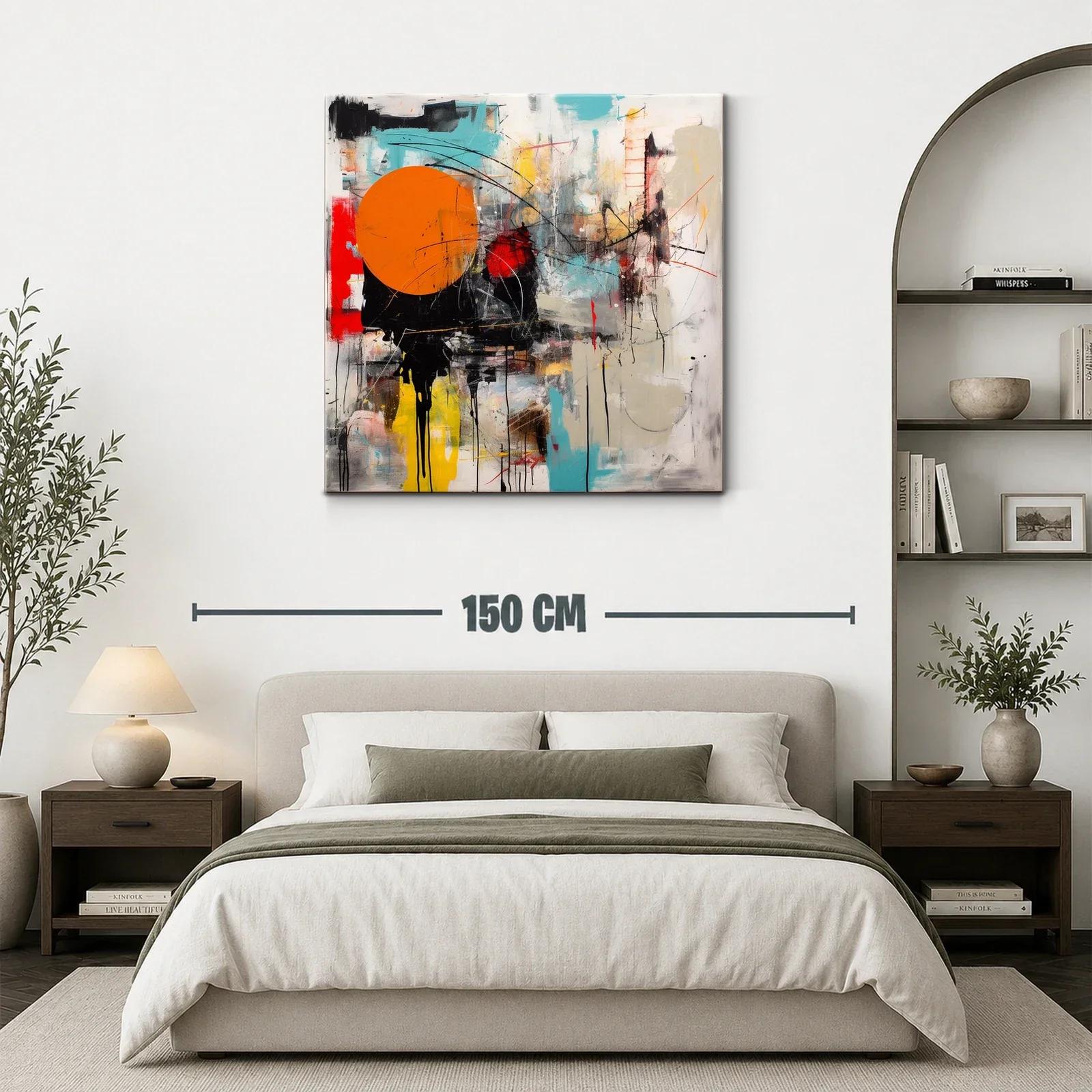 Cuadro abstracto con círculo naranja y trazos dinámicos — miniatura 3