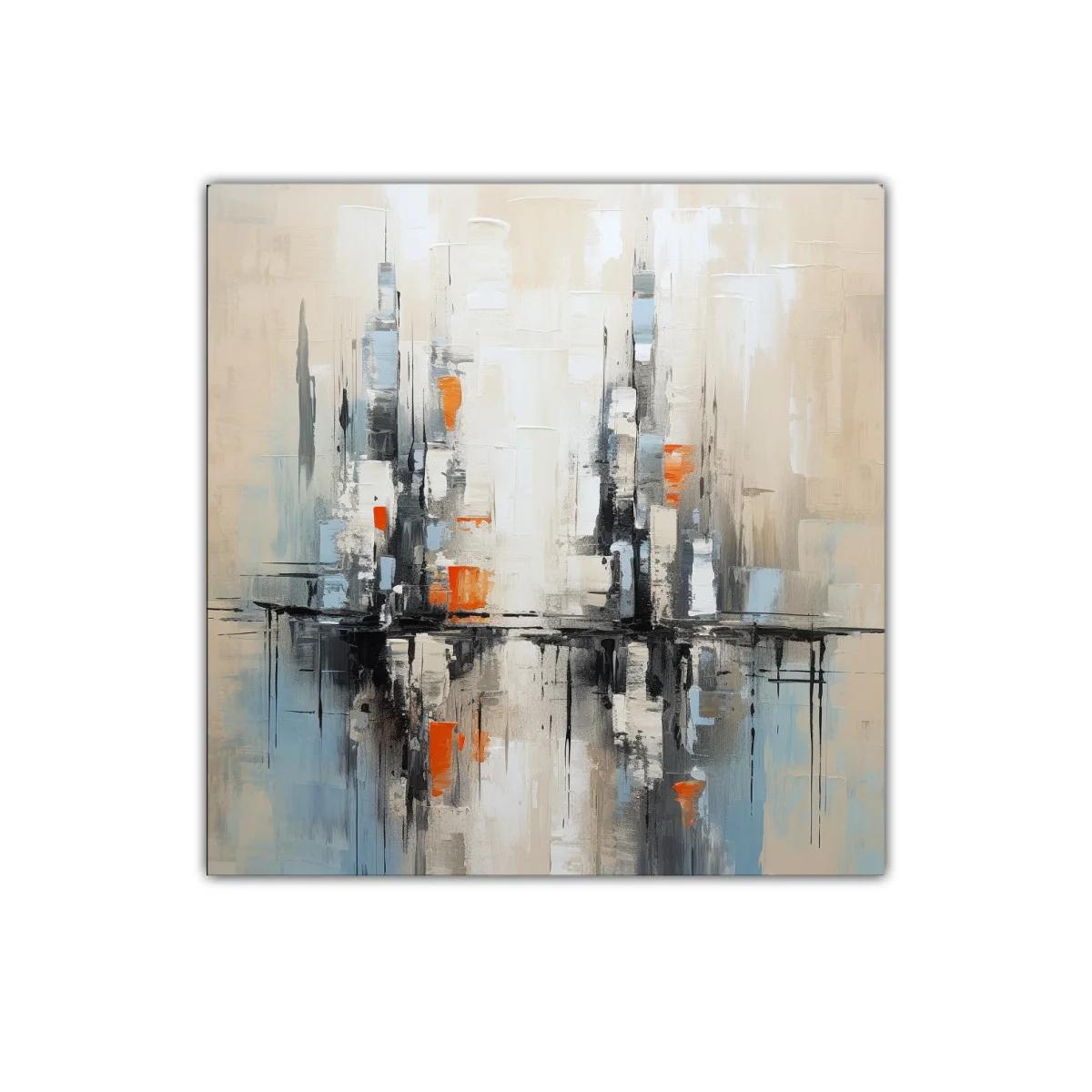 Cuadro abstracto con reflejos urbanos en tonos neutros y naranjas — imagen principal