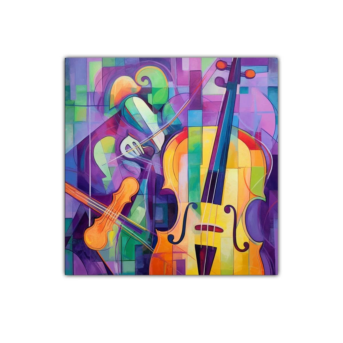 Cuadro vibrante con violines en colores vivos y formas geométricas