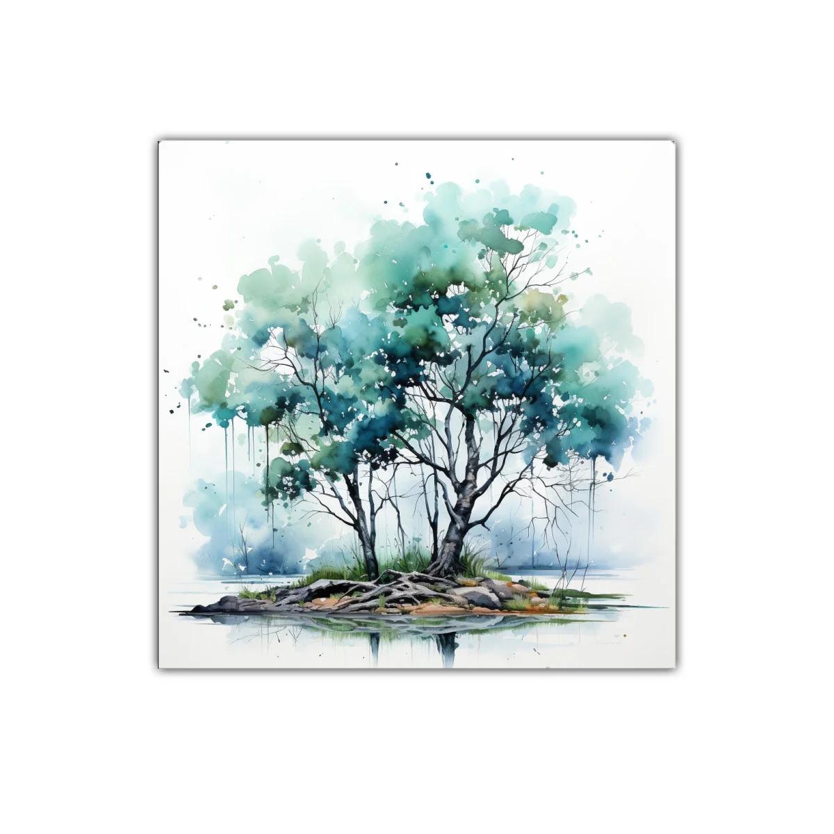 Árbol en isla con tonos verdes y azules serenos — imagen principal