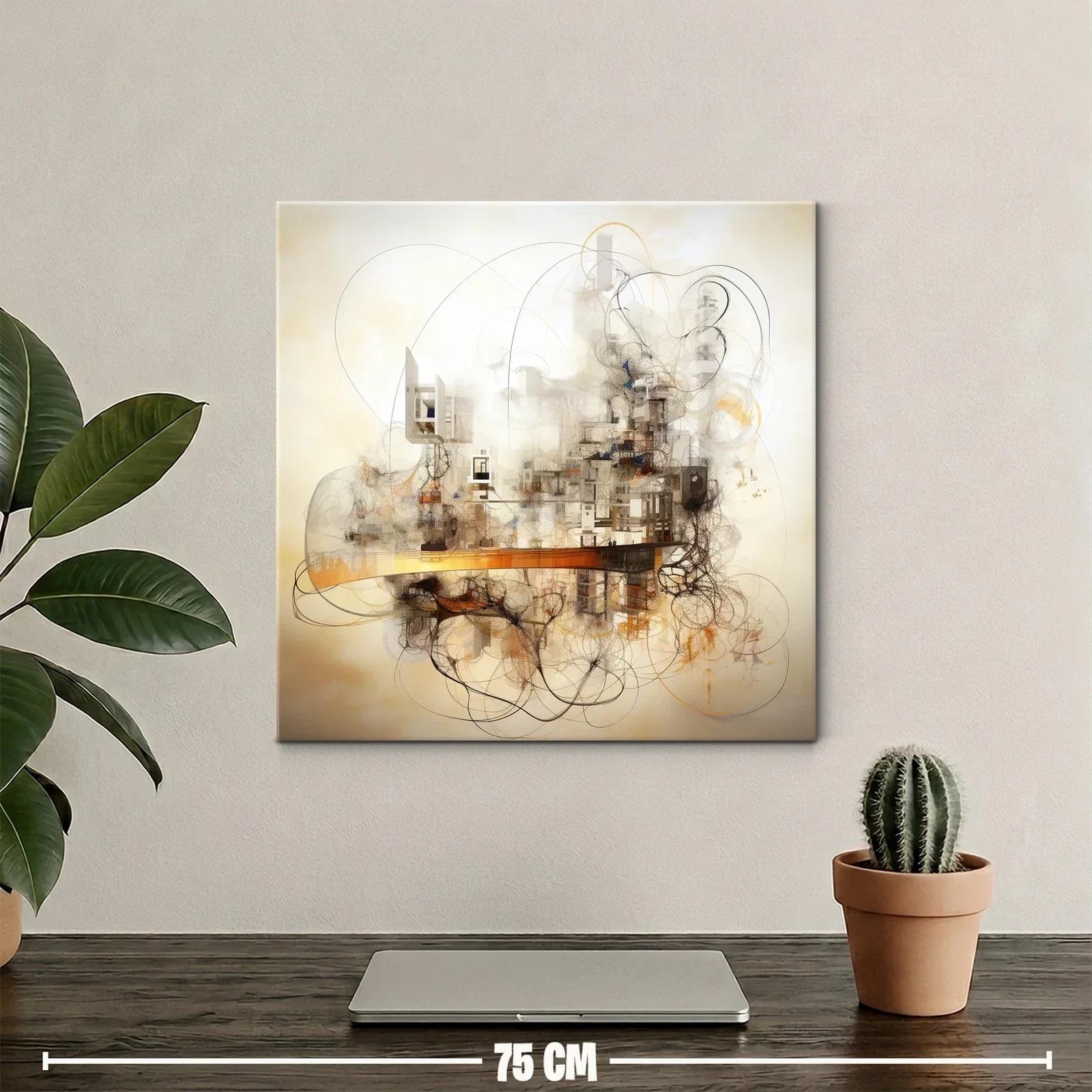 Cuadro abstracto con tonos cálidos y detalles arquitectónicos — miniatura 2