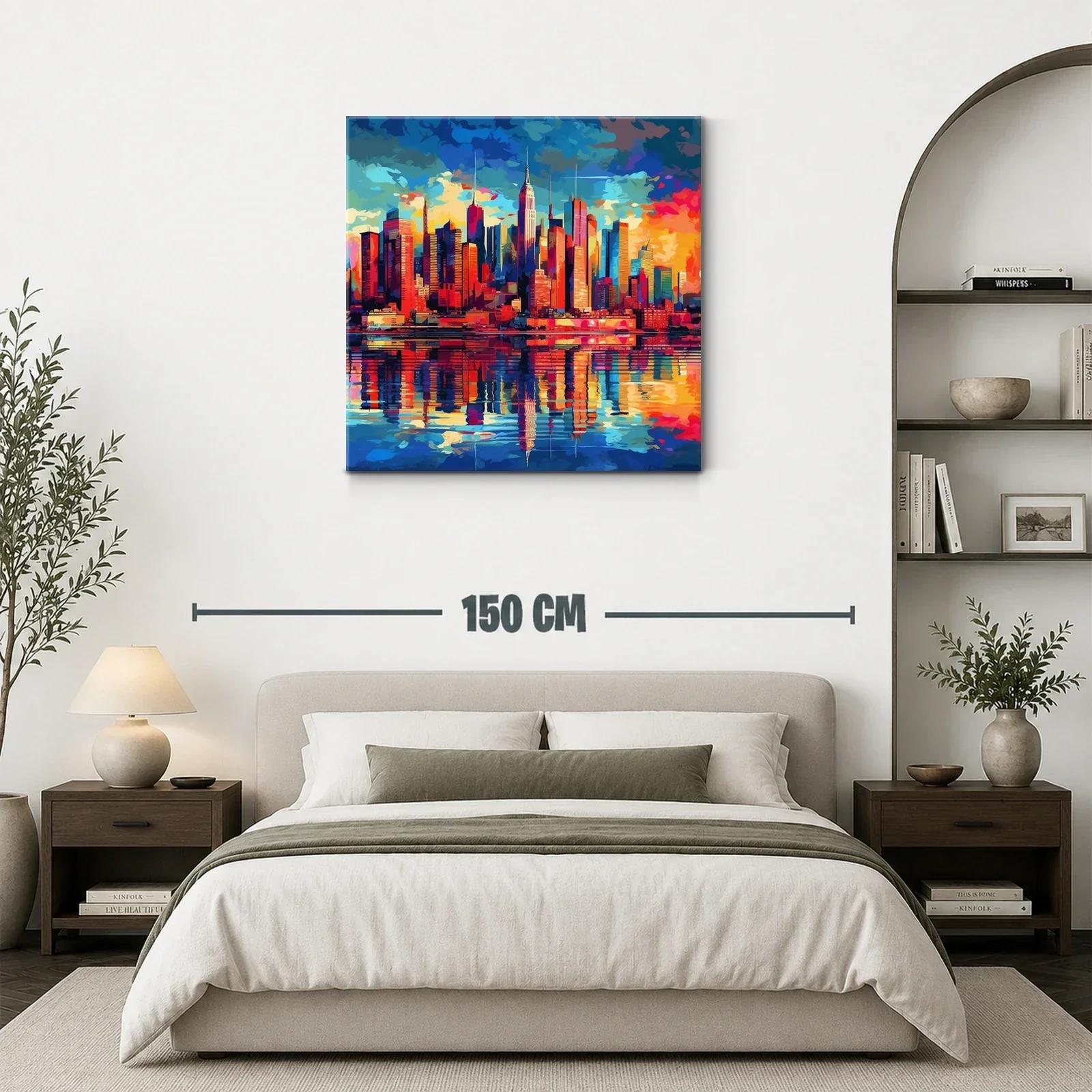 Ciudad vibrante con reflejos al atardecer en tonos intensos — miniatura 3