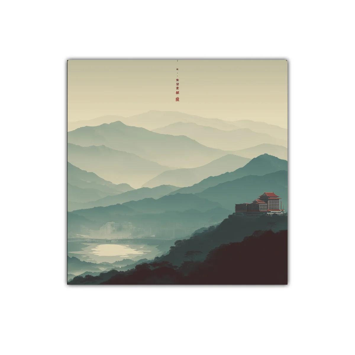 Paisaje con montañas y templo tradicional en calma matutina — imagen principal