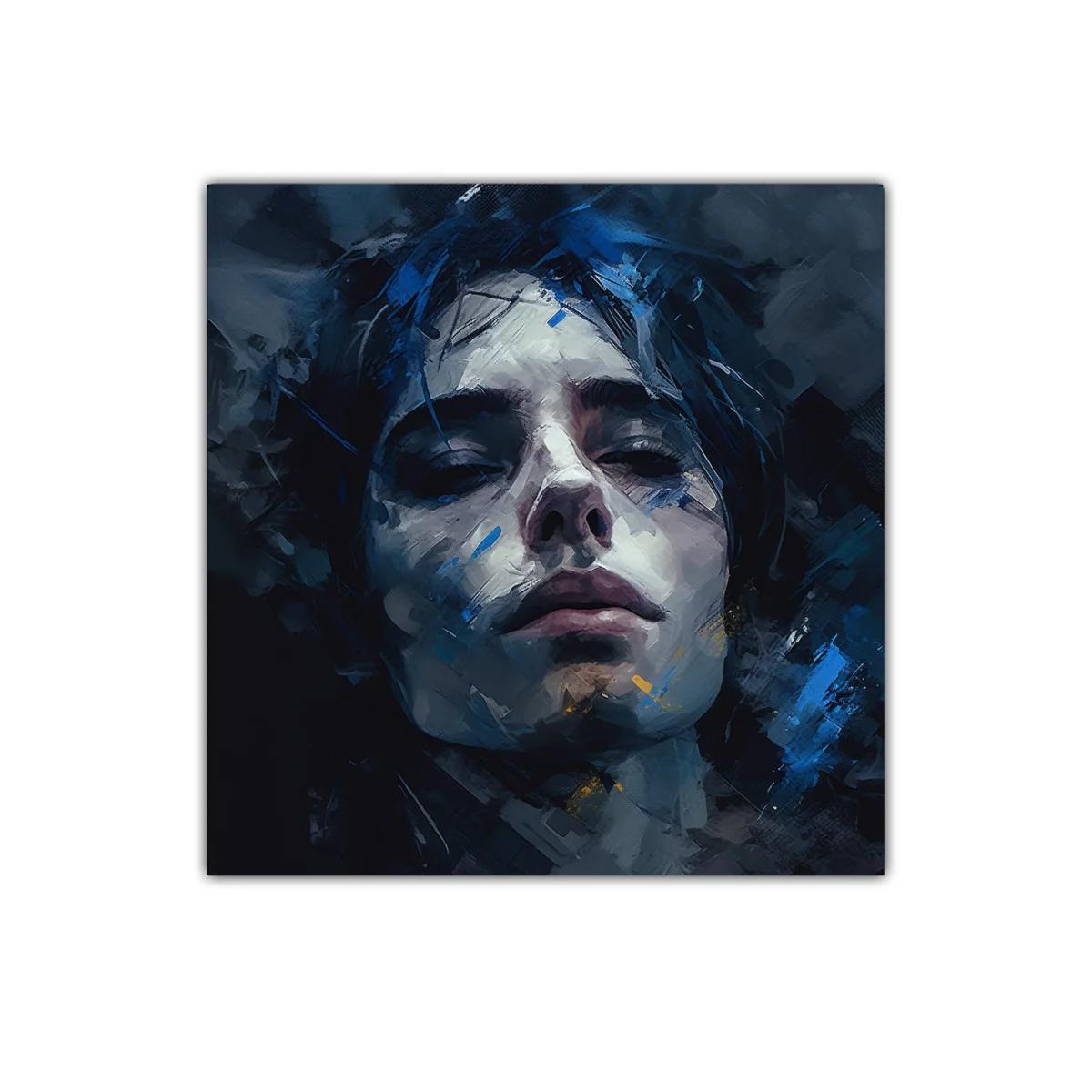 Retrato expresivo con pinceladas en tonos azules y oscuros