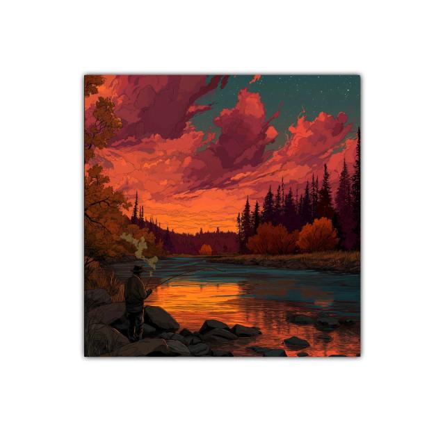 Puesta de sol vibrante en río con pescador solitario