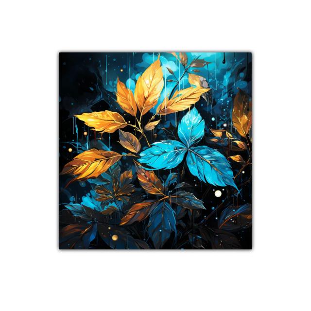 Cuadro decorativo con hojas en azul y dorado vibrante