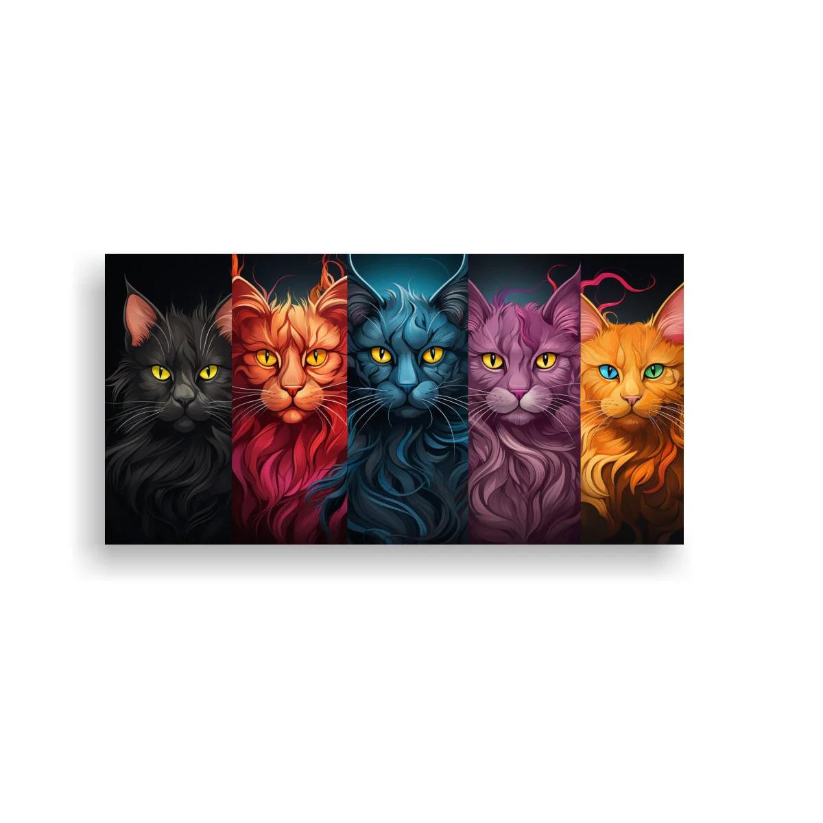 Cuadro cinco gatos de colores con bloques verticales de color