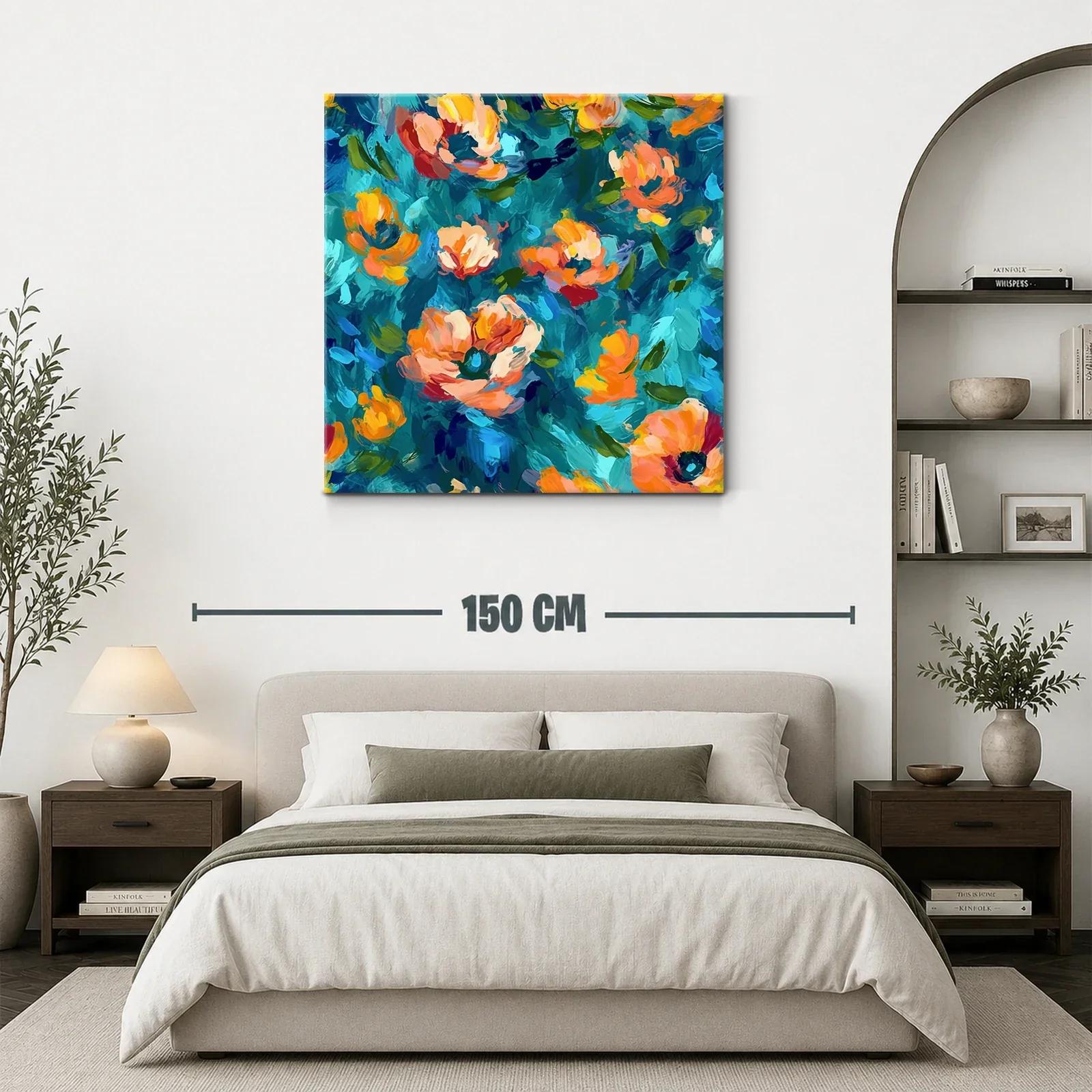 Cuadro con flores vibrantes en tonos azules y naranjas — miniatura 3