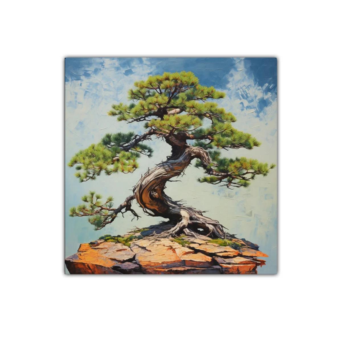 Cuadro con árbol bonsái en roca sobre fondo azul claro — miniatura 1