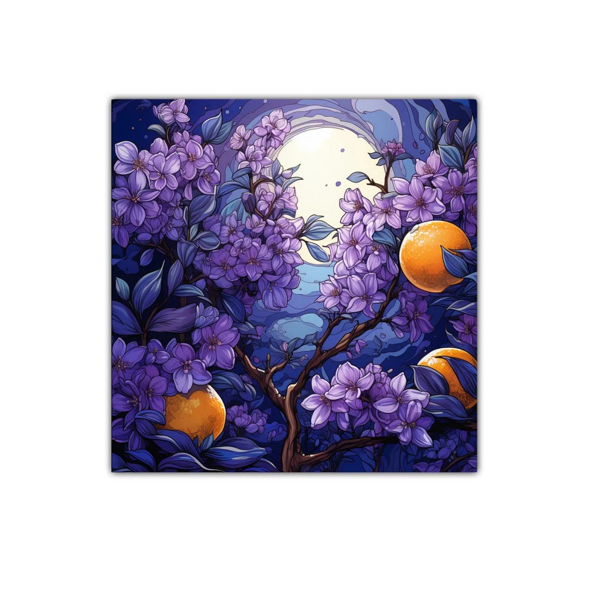 Flores violetas con luna llena y naranjas brillantes — imagen principal