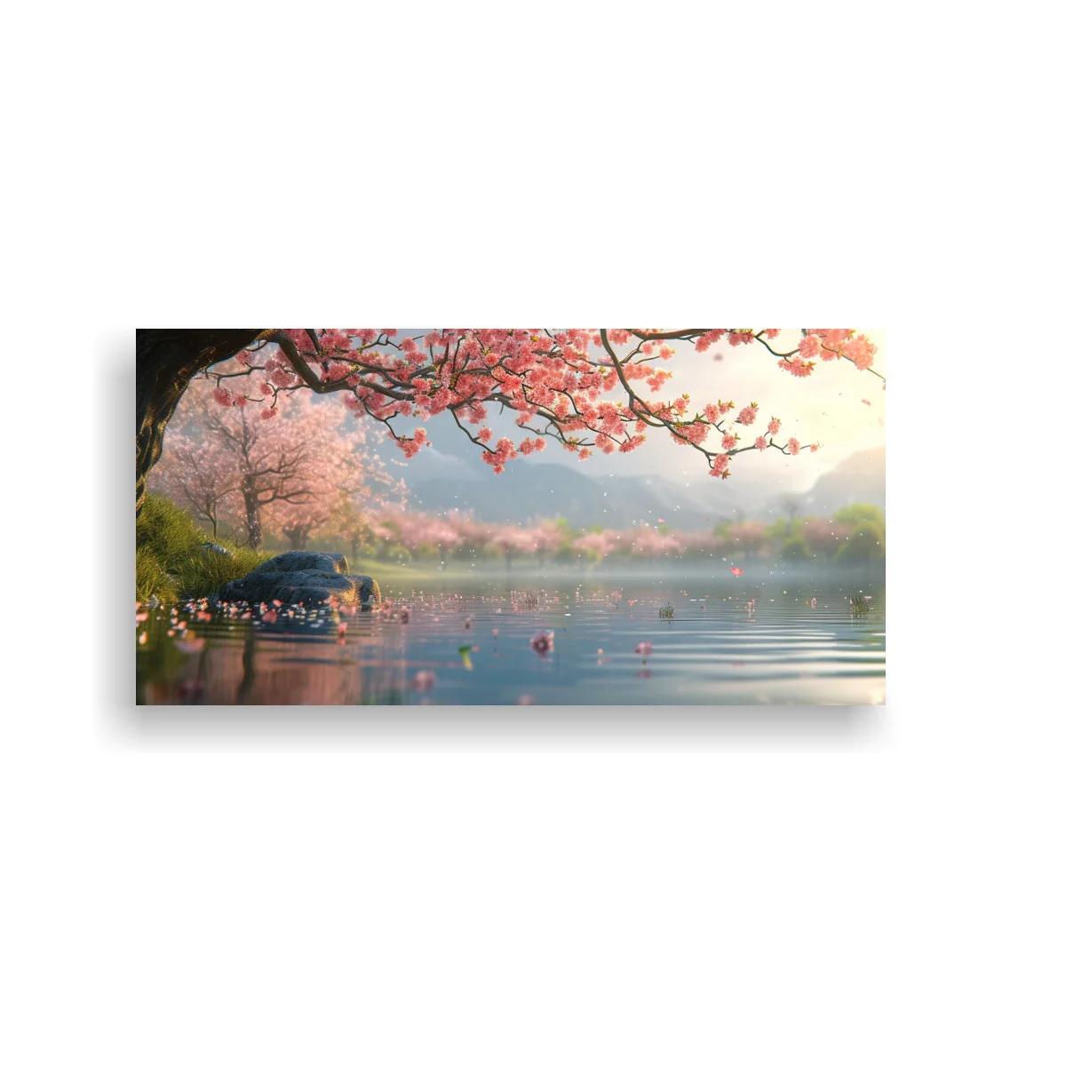 Cuadro lago al amanecer con rama de cerezo en flor