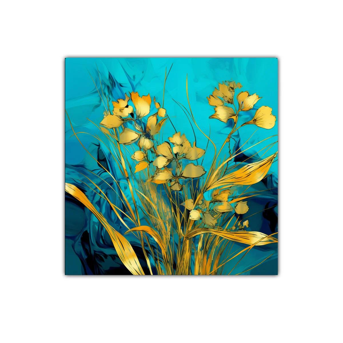 Cuadro decorativo de flores doradas sobre fondo azul vibrante — imagen principal