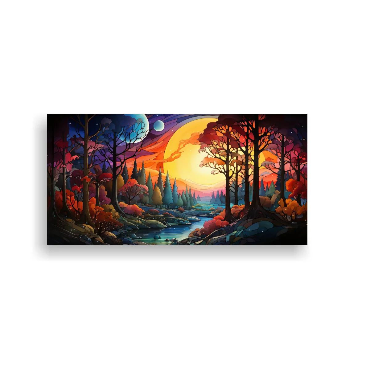 Cuadro paisaje de bosque al atardecer con arroyo serpenteante