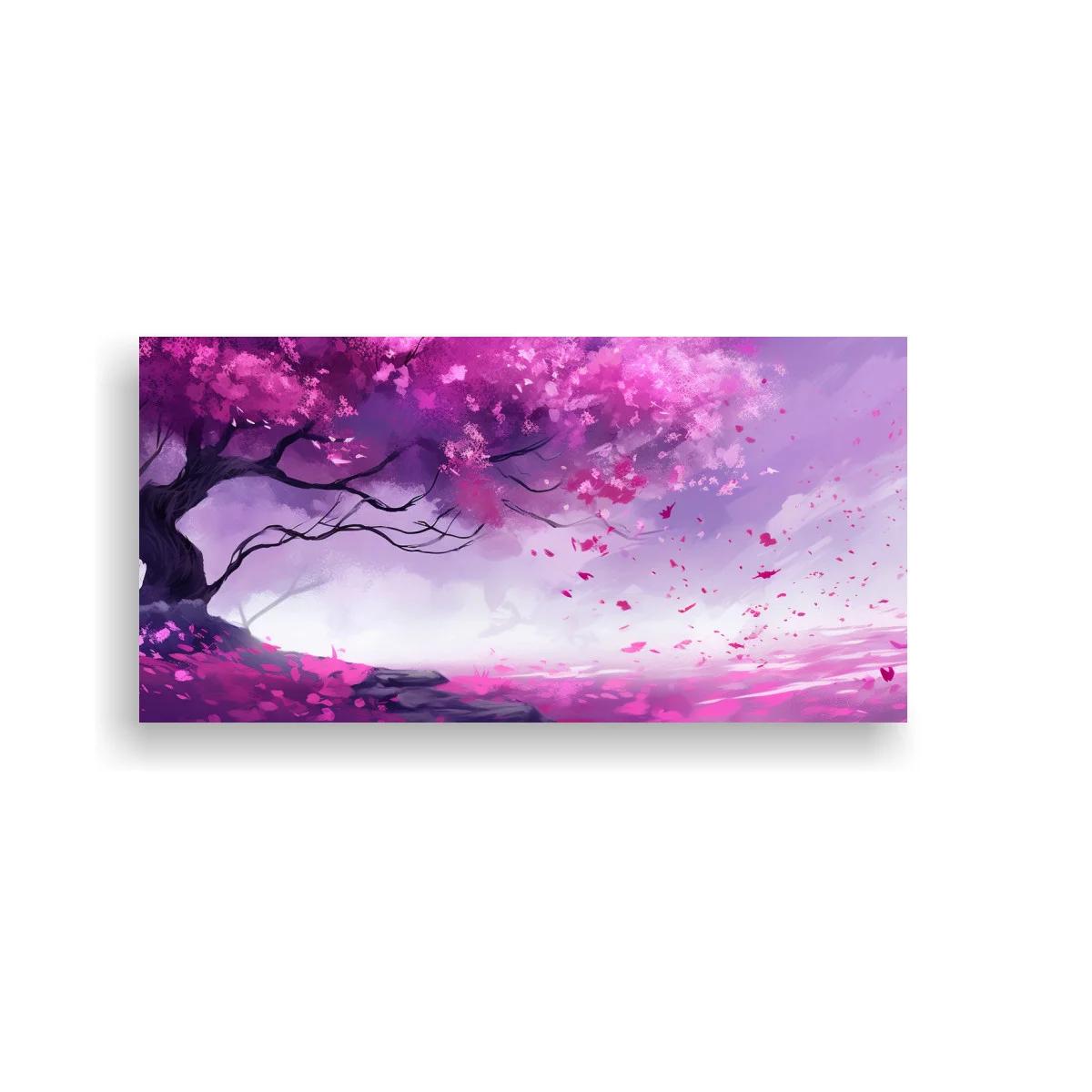 Cuadro cerezo en flor con horizonte neblinoso