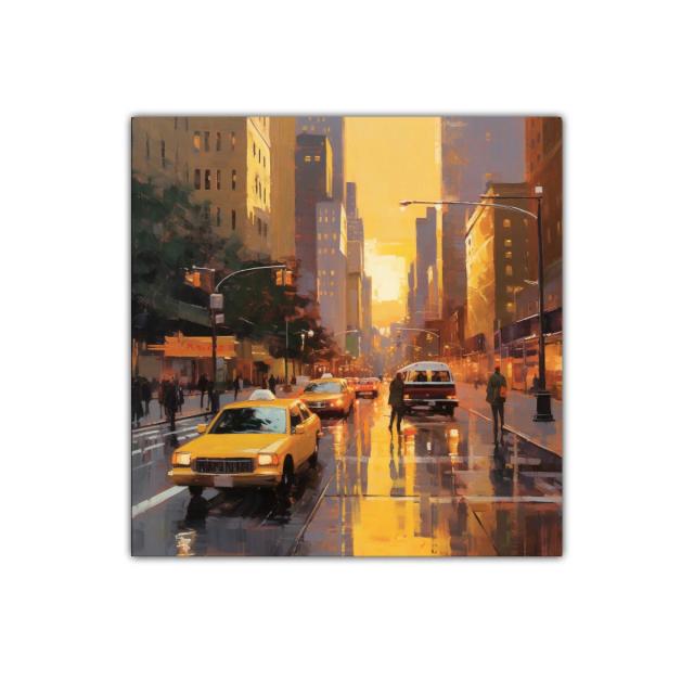 Atardecer urbano con taxis en calles mojadas