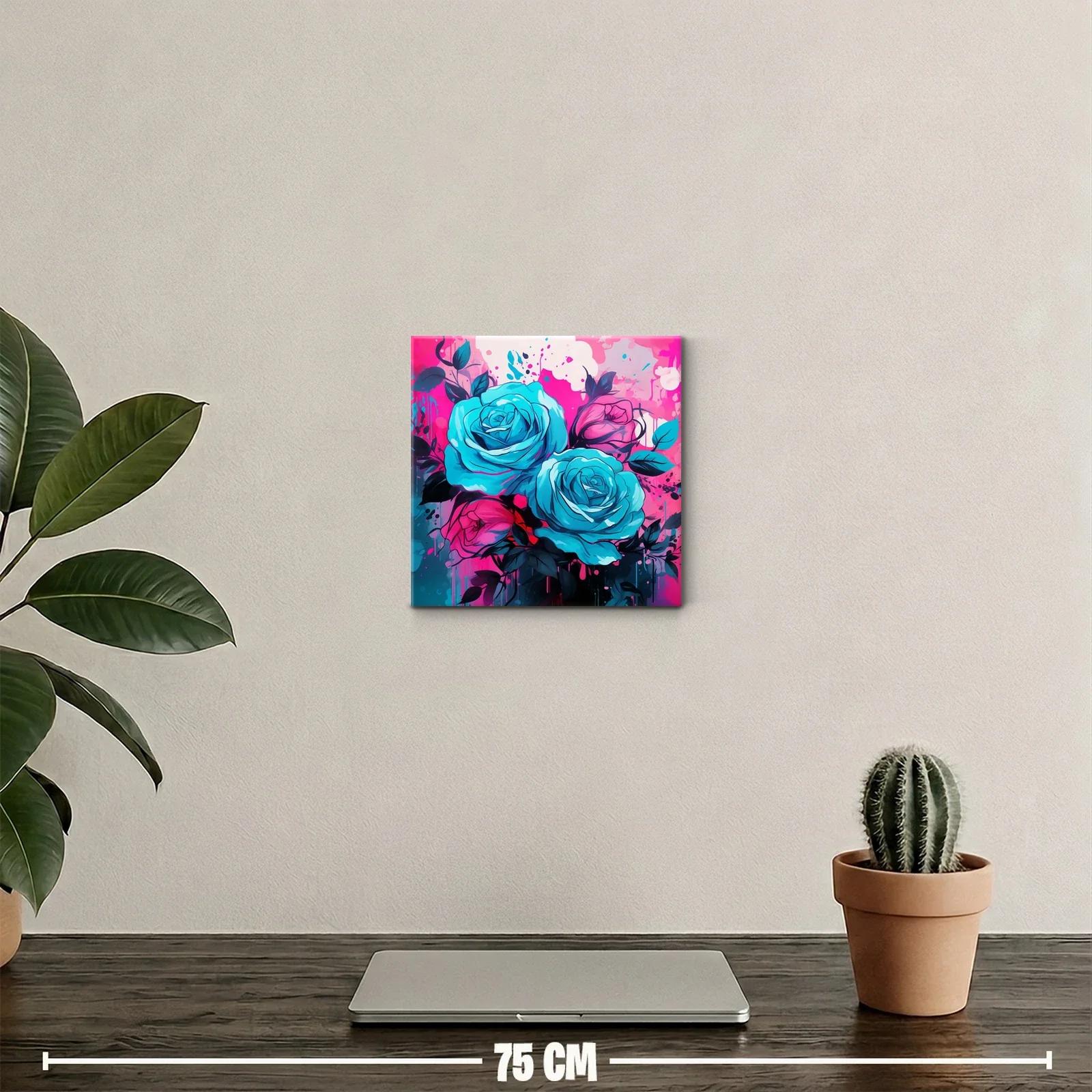 Cuadro decorativo rosas vibrantes en tonos azules y rosas — miniatura 2