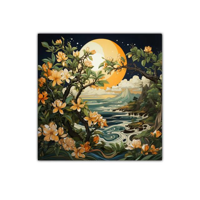 Paisaje con flores doradas y luna llena sobre el mar
