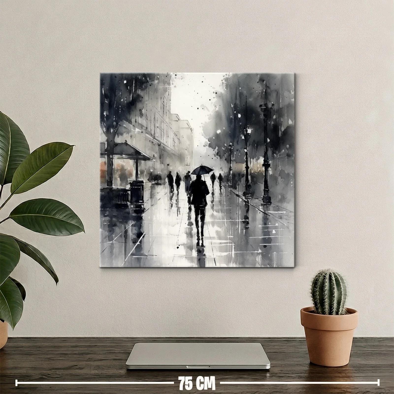 Escena urbana bajo lluvia con siluetas y paraguas — miniatura 2