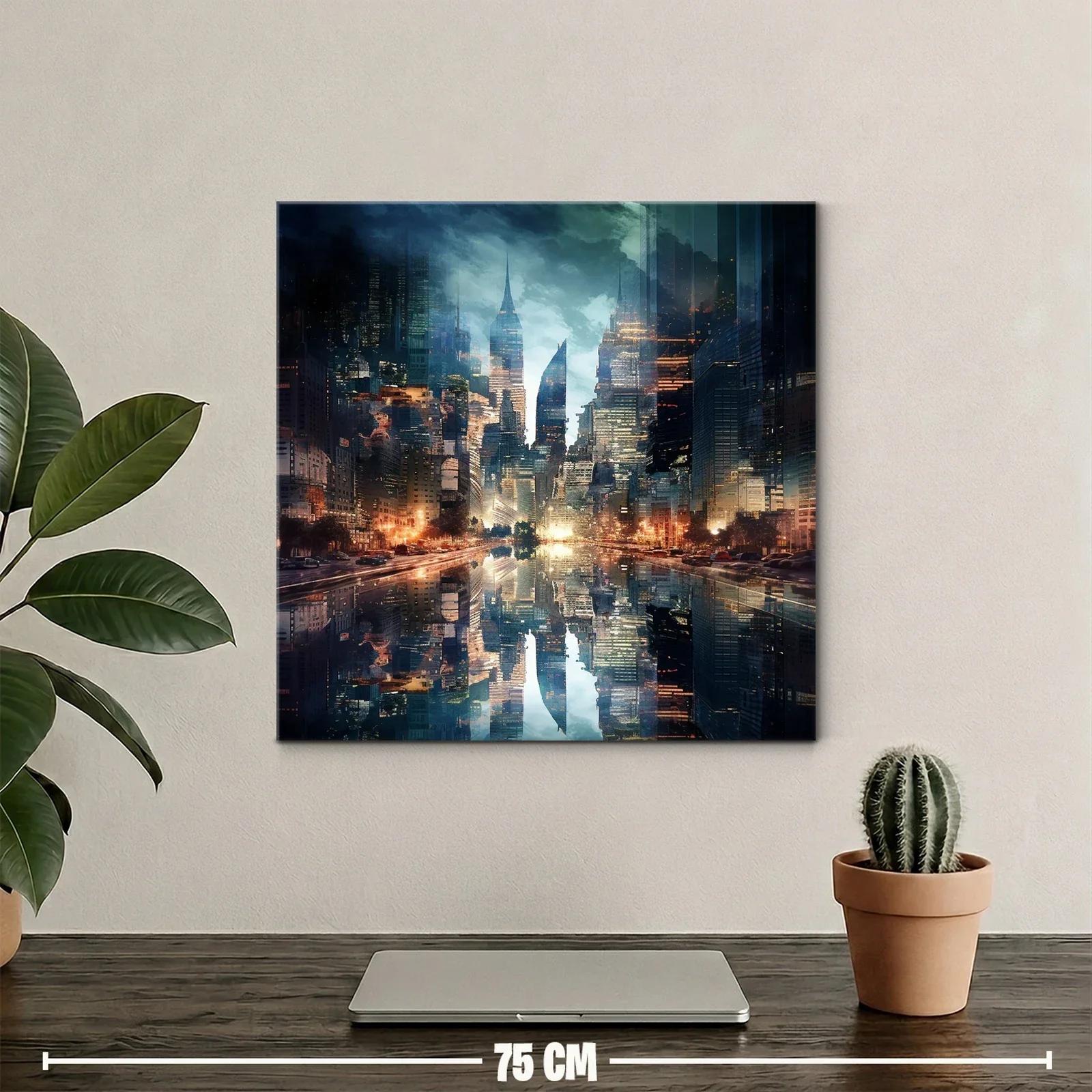 Ciudad futurista reflejada en agua con luces doradas y azules — miniatura 2