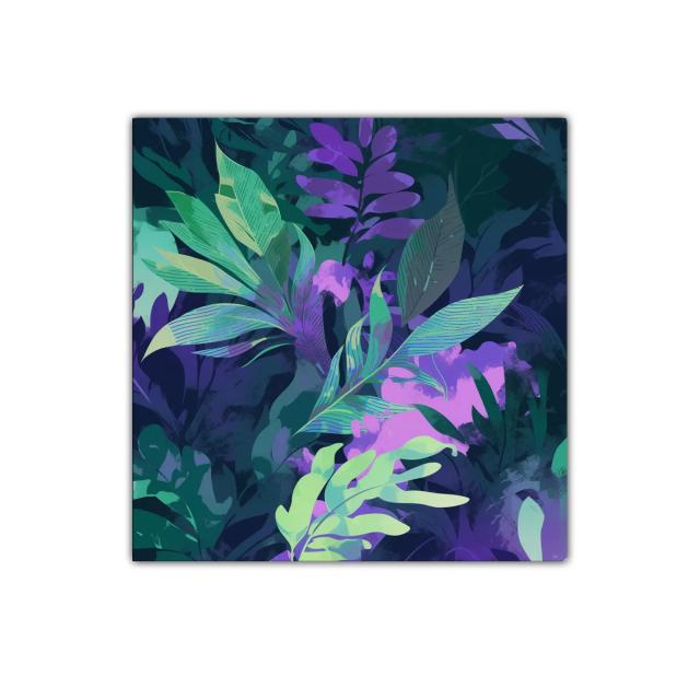 Cuadro decorativo con hojas en tonos violetas y verdes