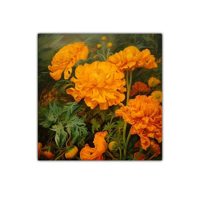 Cuadro con vibrantes flores naranjas y hojas verdes