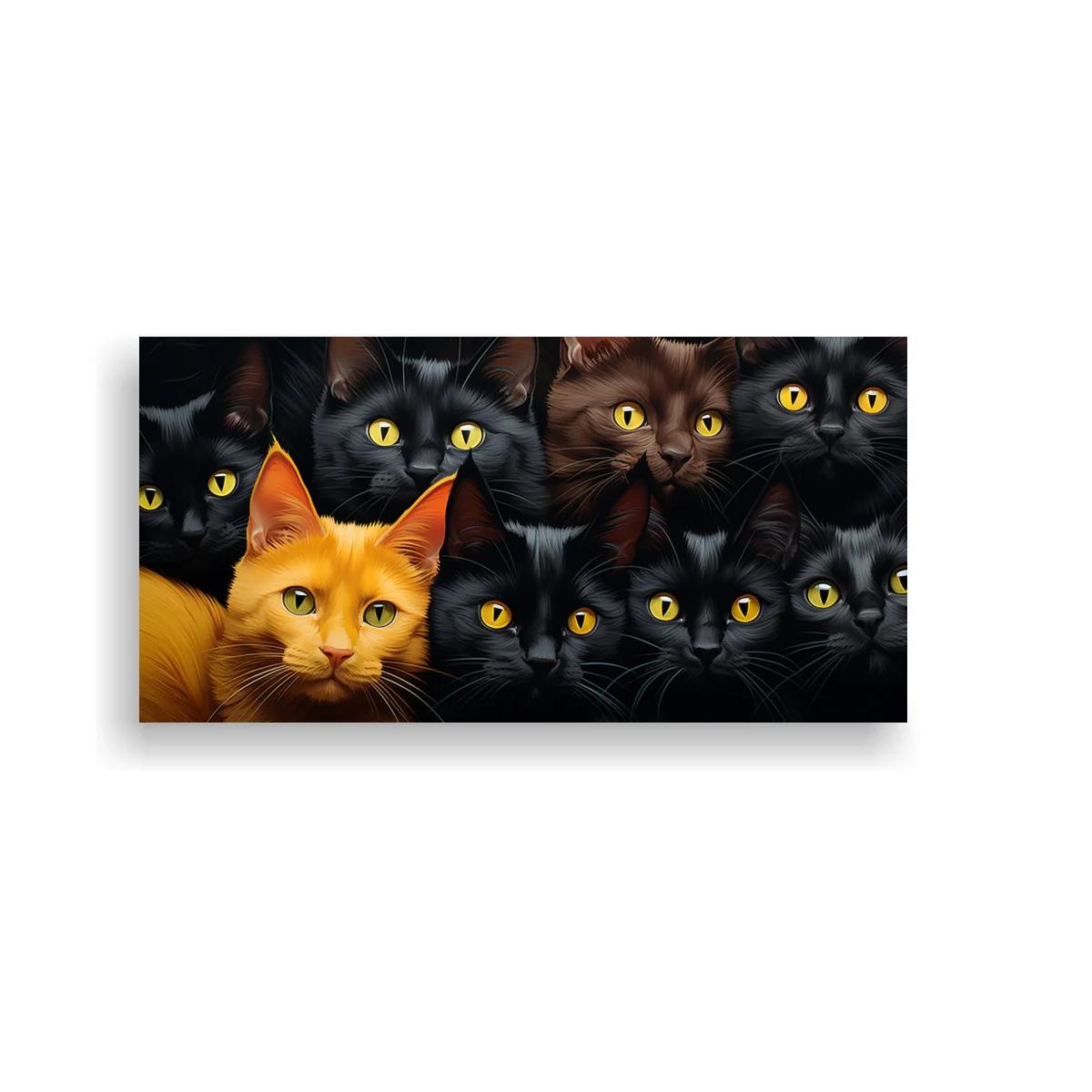 Cuadro grupo de gatos negros con gato naranja y ojos amarillos — imagen principal