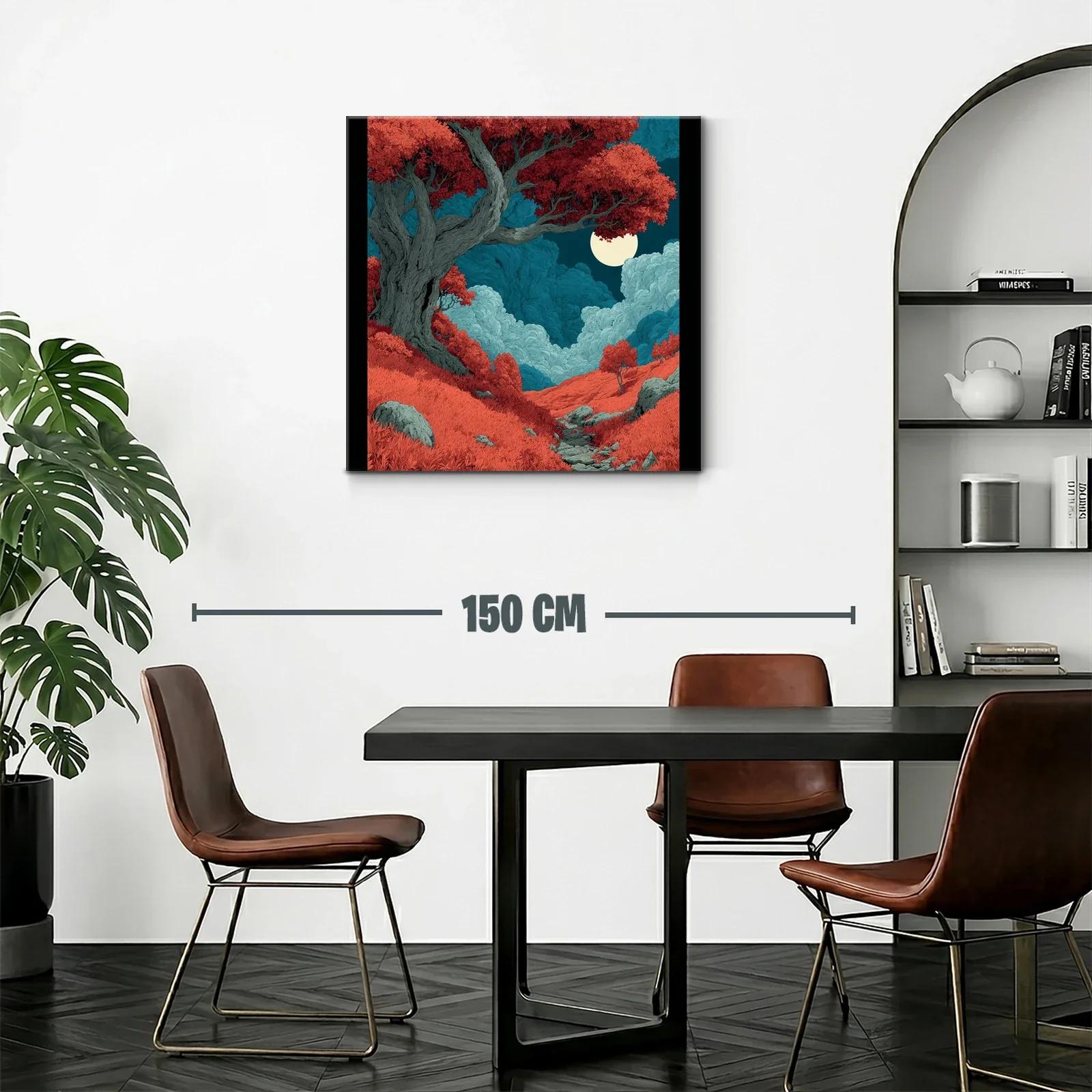 Paisaje mágico con árbol rojo y luna llena brillante — miniatura 2