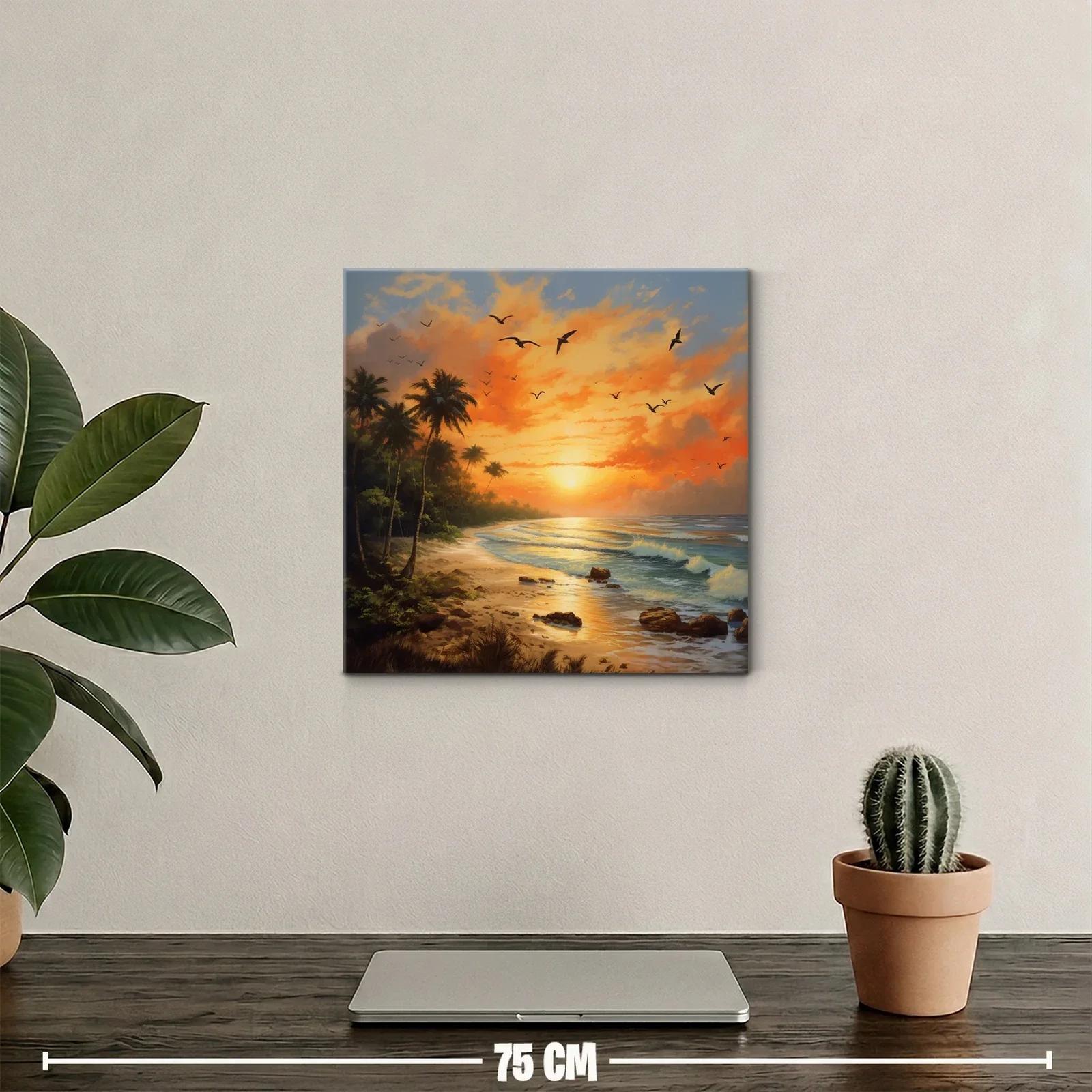 Atardecer tropical con palmeras y aves en vuelo — miniatura 2