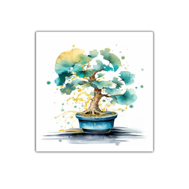 Cuadro decorativo con bonsái y hojas verdes en tonos acuarela