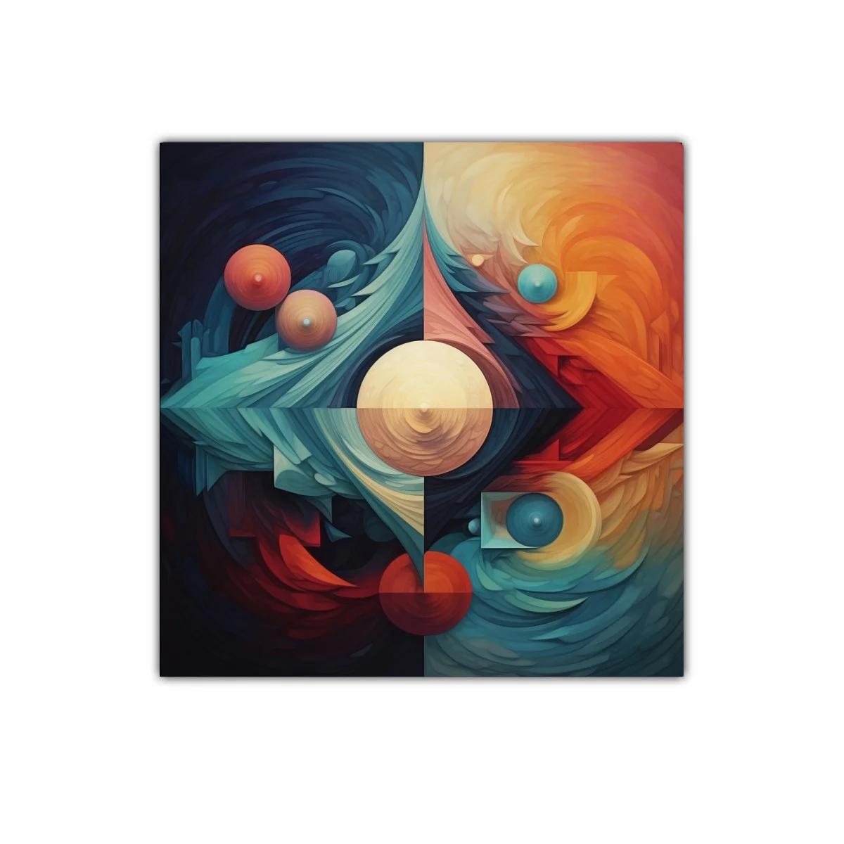 Composición abstracta con formas geométricas y esferas vibrantes