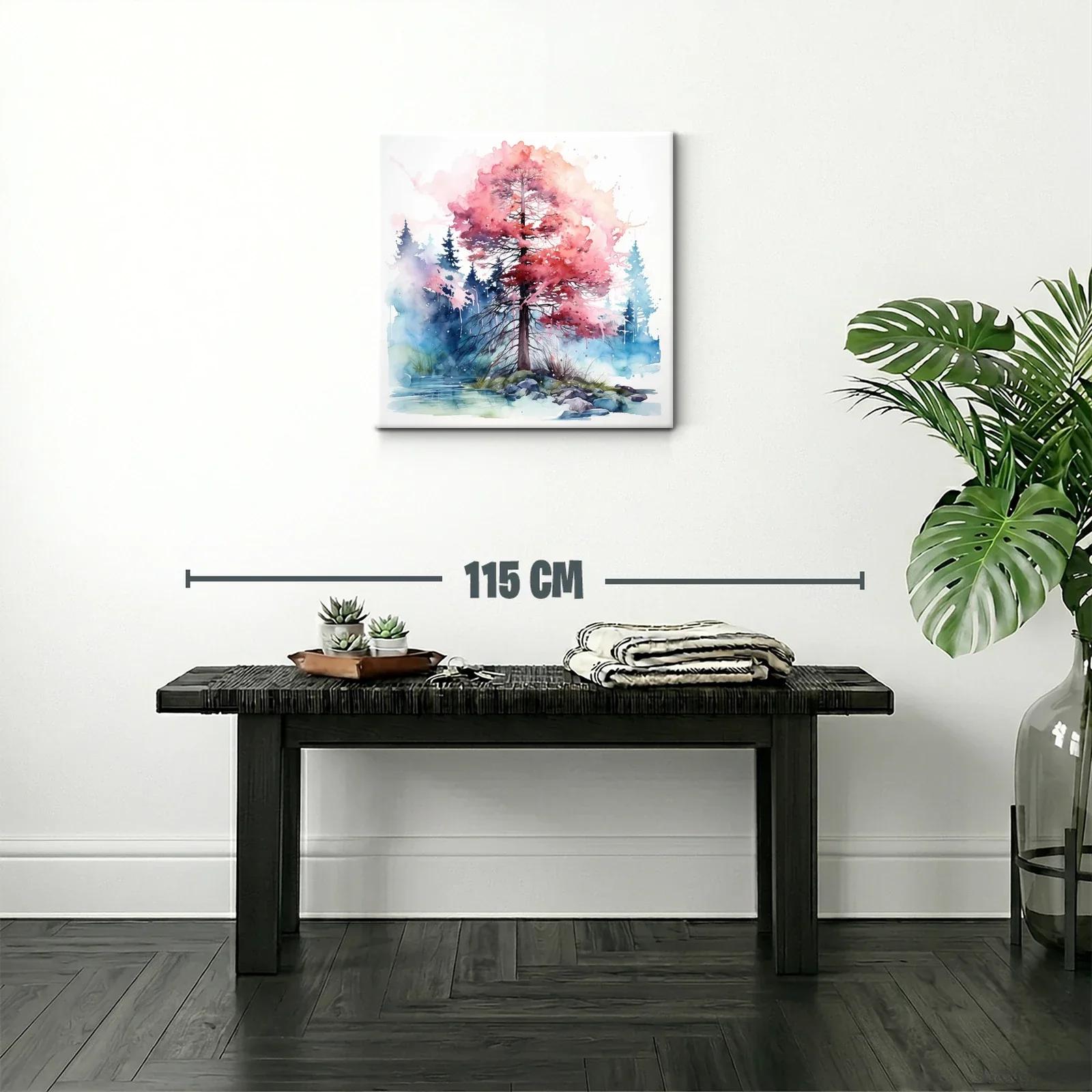 Árbol en otoño con hojas rosas y fondo de bosque azul — miniatura 2