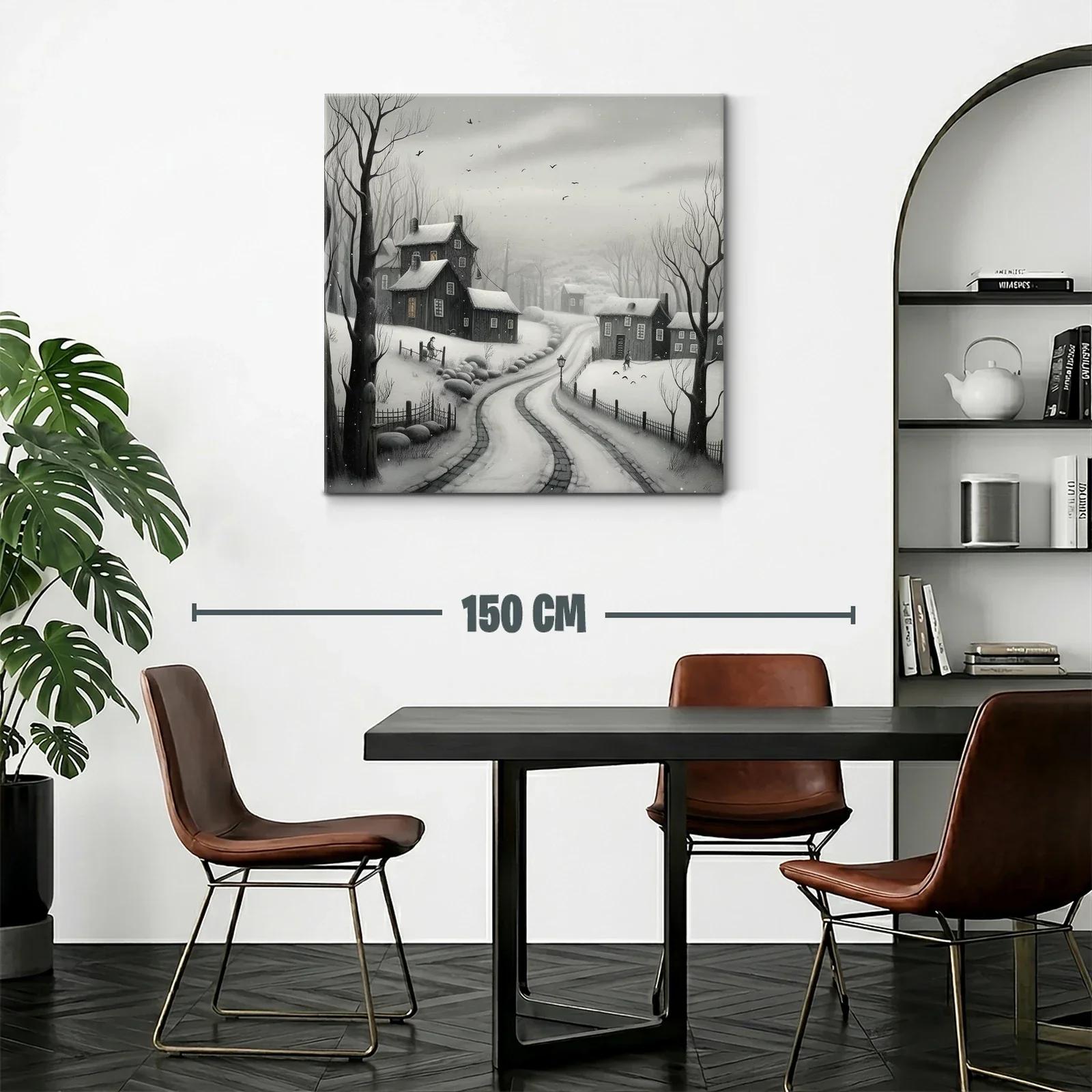 Paisaje invernal con casas y camino nevado en tonos grisáceos — miniatura 2