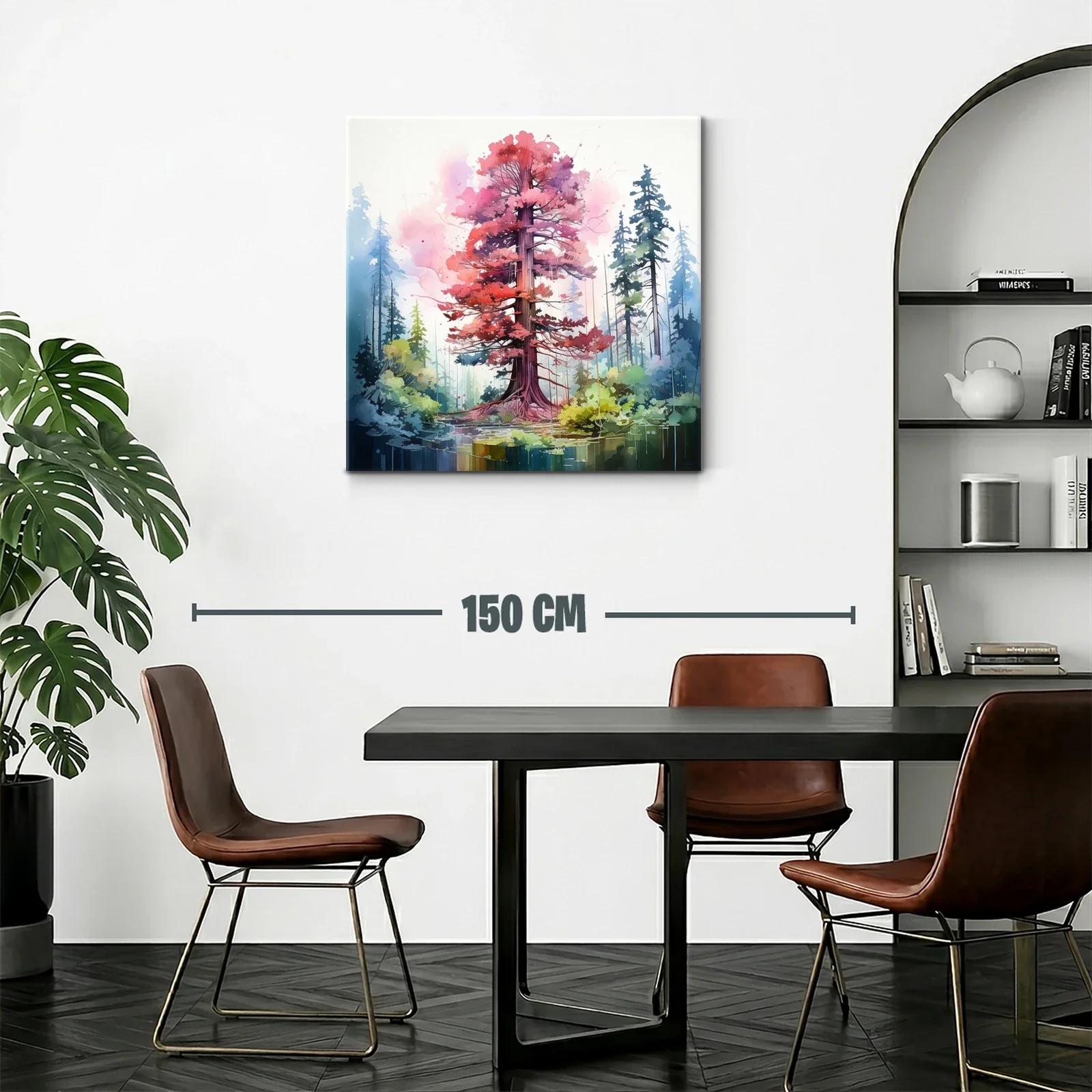Árbol rojo vibrante en bosque estilizado y sereno — miniatura 2