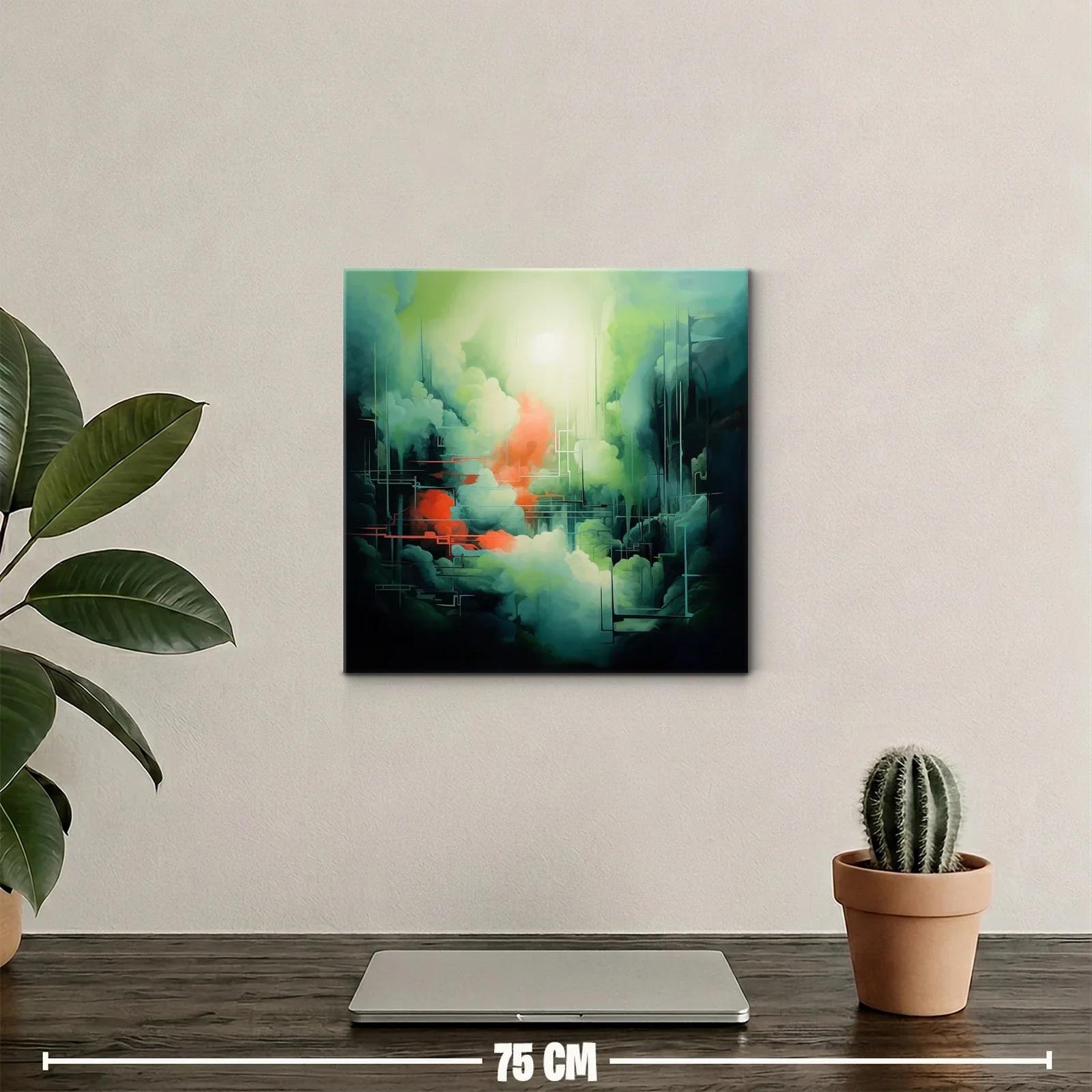 Cuadro abstracto con tonos verdes y toques cálidos vibrantes — miniatura 2