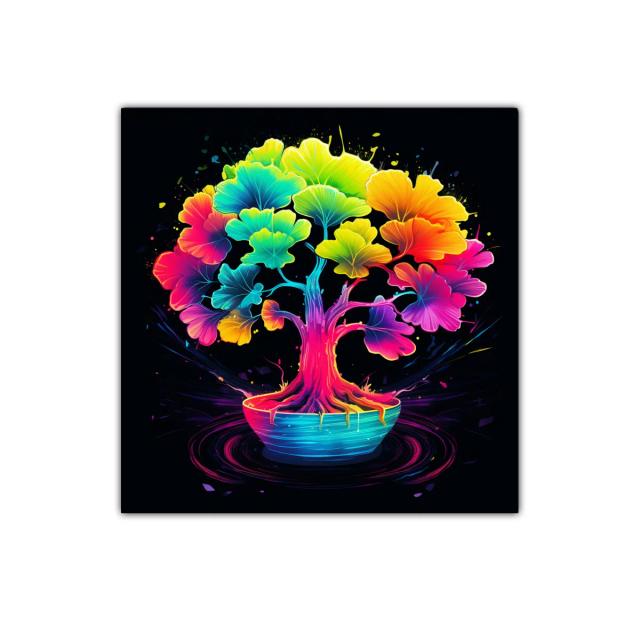 Árbol de colores vibrantes con hojas en tonos neón