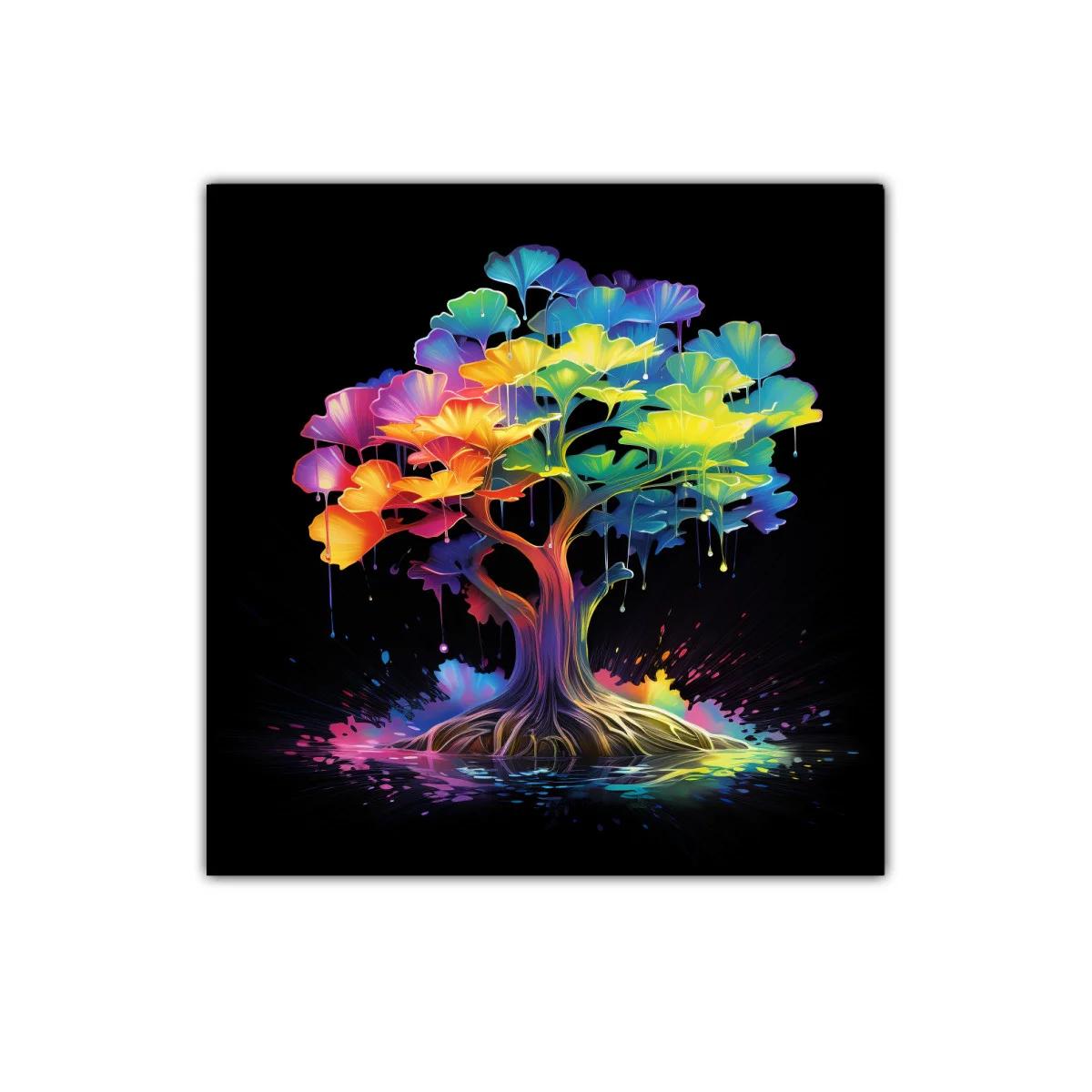 Árbol multicolor vibrante sobre fondo negro impactante