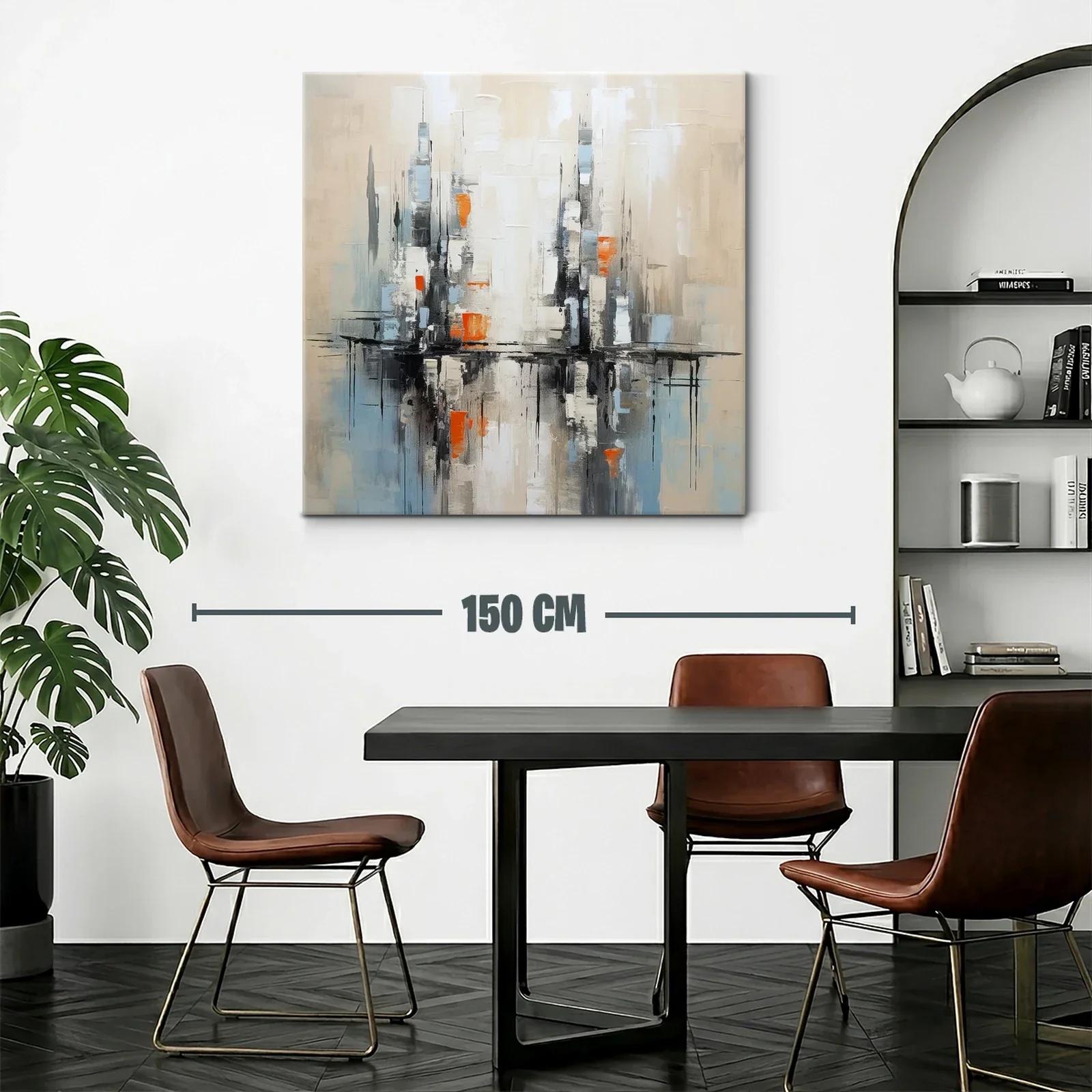 Cuadro abstracto con reflejos urbanos en tonos neutros y naranjas — miniatura 2