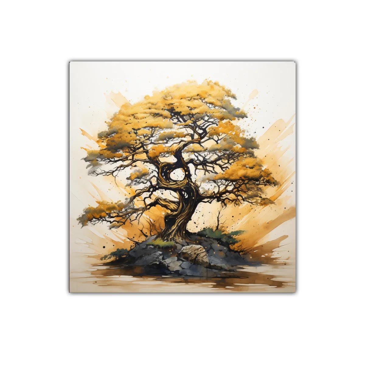 Árbol dorado entre rocas con ambiente natural y sereno — imagen principal
