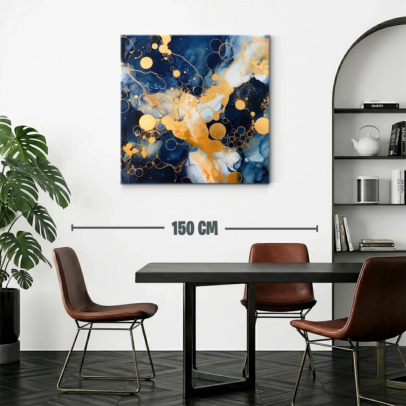 Cuadro abstracto con círculos dorados y tonos azul profundo — miniatura 2